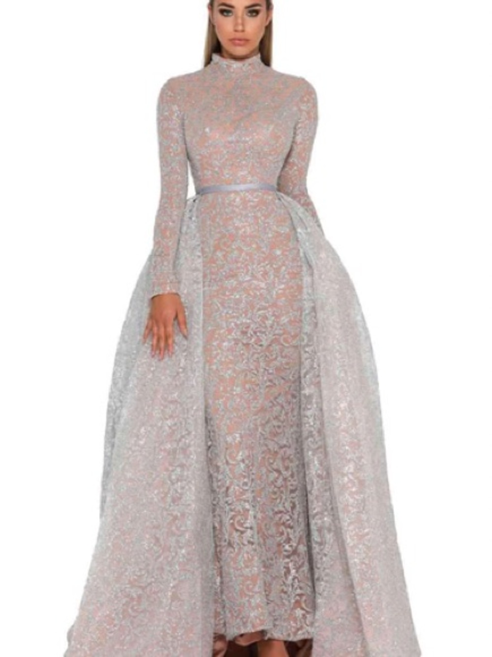 Portia and Scarlett Silver Lace High-Neck Long-Sleeve Gown with Overskirt